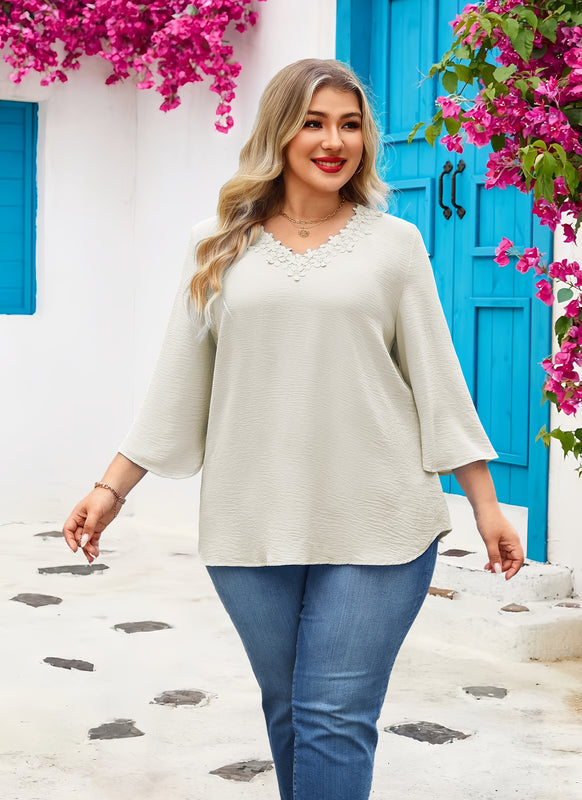 Women's Plus Size Floral Trim Tunic Top | V-Neck 3/4 Sleeve Blouse
