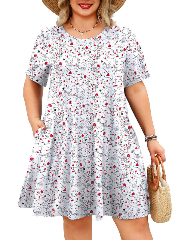 Women's Plus Size White Ditsy Floral T-Shirt Dress | Short Sleeve