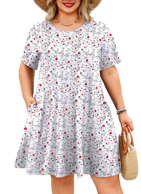 Women's Plus Size White Ditsy Floral T-Shirt Dress | Short Sleeve