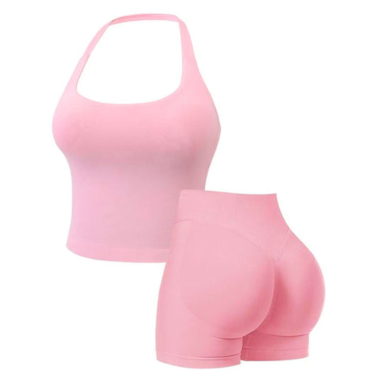 Two-Piece Set Women's Solid Color Halter Top & High Waist Shorts Sports Set, Sporty Breathable Quick Drying Outfits for Yoga Gym Workout Running, Ladies Sportswear for Summer, Quick Dry Activewear