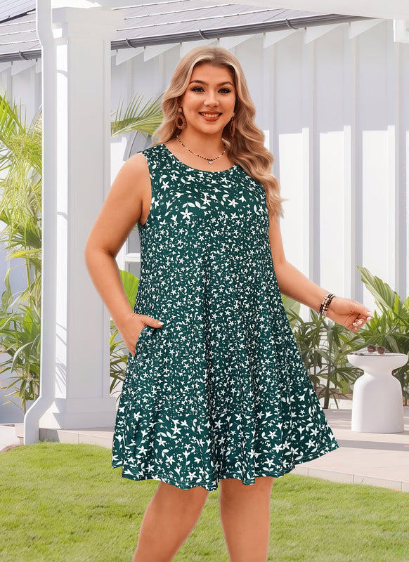 Women's Green Ditsy Floral Sleeveless Tank Dress with Pockets – Plus Size Casual Loose Fit