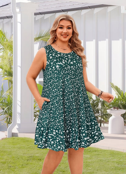 Women's Green Ditsy Floral Sleeveless Tank Dress with Pockets – Plus Size Casual Loose Fit
