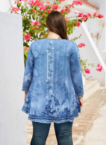 Women's Light Blue Plus Size Swing Tunic Top – 3/4 Sleeve Flowy Blouse