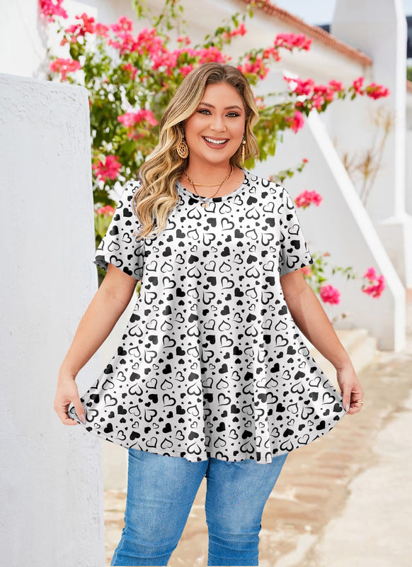Women's White & Black Swing Tunic Top – Short Sleeve, Plus Size