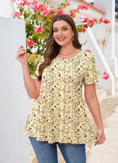Women's Yellow Floral Swing Tunic Top – Short Sleeve, Plus Size