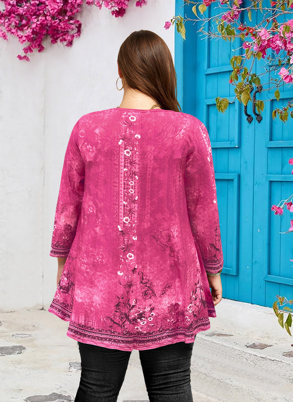 Women's Plus Size Hot Pink Floral Tunic Top – 3/4 Sleeve Swing Flare Blouse
