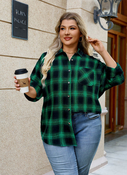 Women's Plus Size Green Plaid Flannel Shirt | Long Sleeve Button Down
