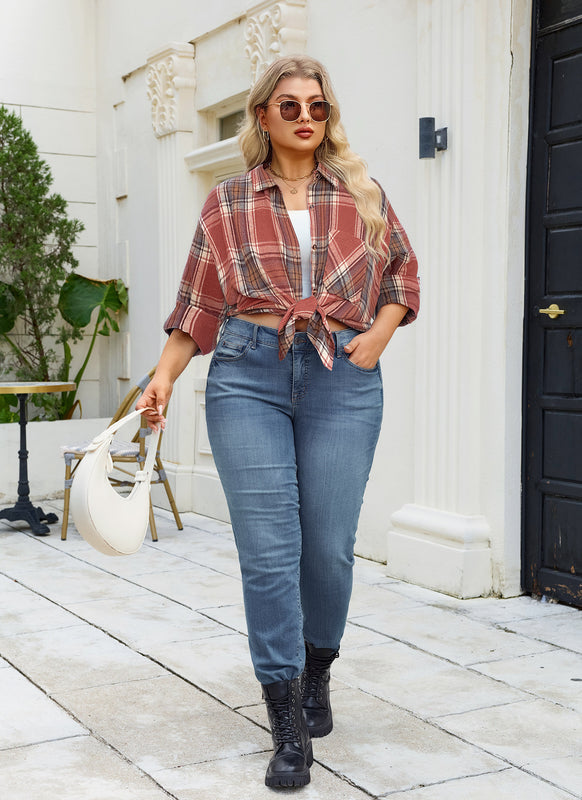 Women's Plus Size Rust Plaid Flannel Shirt | Long Sleeve Button Down