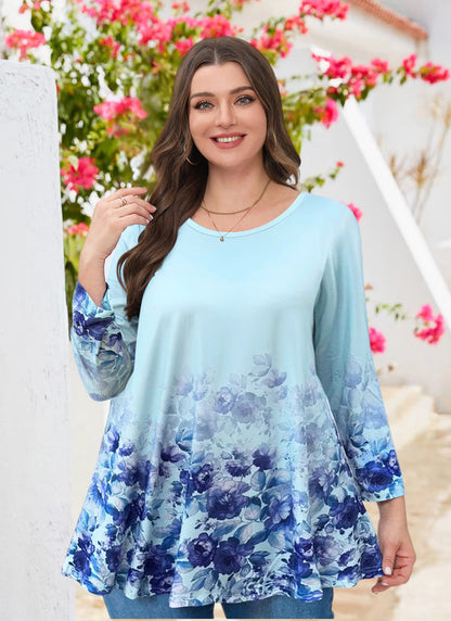 Women's Plus Size Blue Floral Ombre Tunic Top – 3/4 Sleeve Swing Flare Blouse
