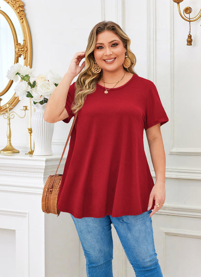 Women's Plus Size Swing Tunic Top – Short Sleeve, Flowy A-Line Blouse to Wear with Leggings