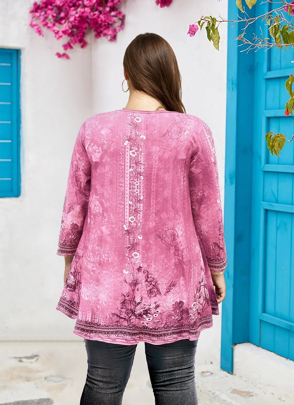 Women's Plus Size Pink Boho Floral Tunic Top – 3/4 Sleeve Vintage Embroidery Print Blouse