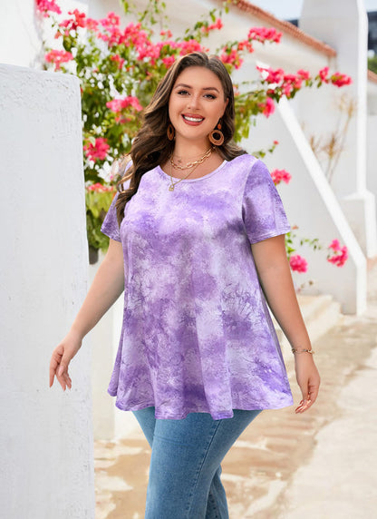 Women's Plus Size Tie Dye Tunic Top – Short Sleeve, Flowy Swing Blouse in Lavender