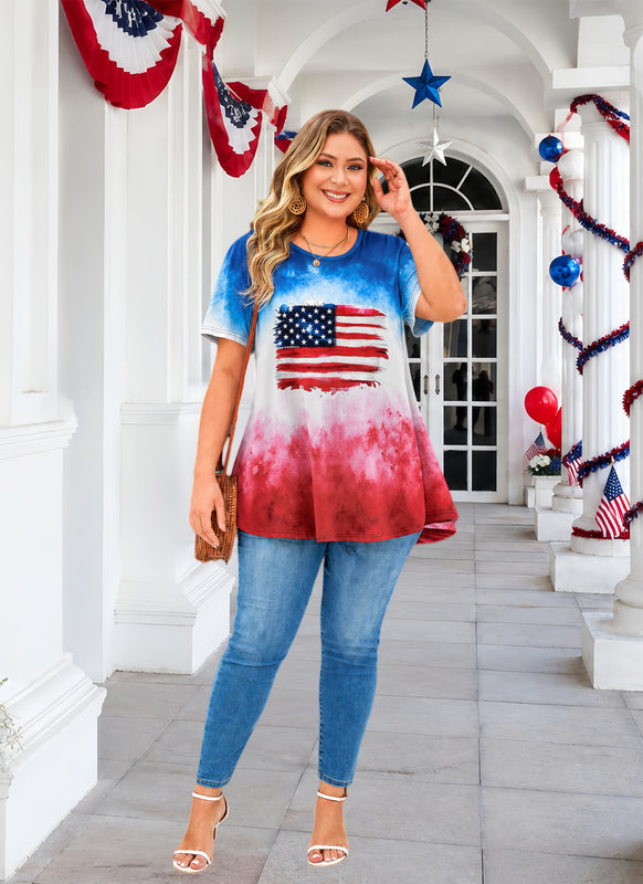 Women's Plus Size American Flag Tunic Top – Short Sleeve USA Patriotic Swing Blouse