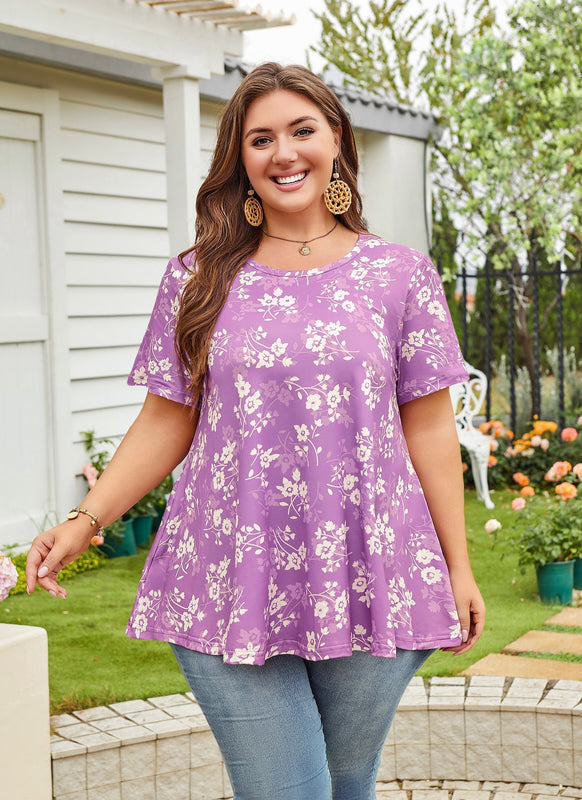Women's Plus Size Purple & White Tunic Top – Short Sleeve Swing Blouse
