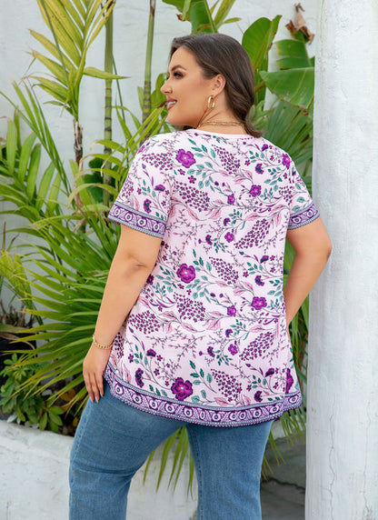 Women's Plus Size Purple Floral Tunic Top – Short Sleeve, Flowy Swing Blouse to Wear with Leggings
