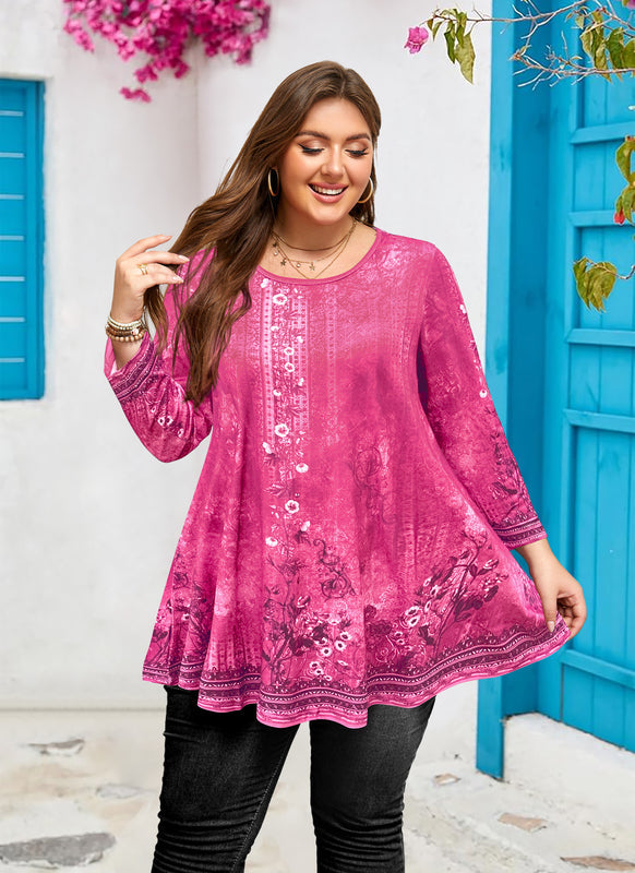 Women's Plus Size Hot Pink Floral Tunic Top – 3/4 Sleeve Swing Flare Blouse