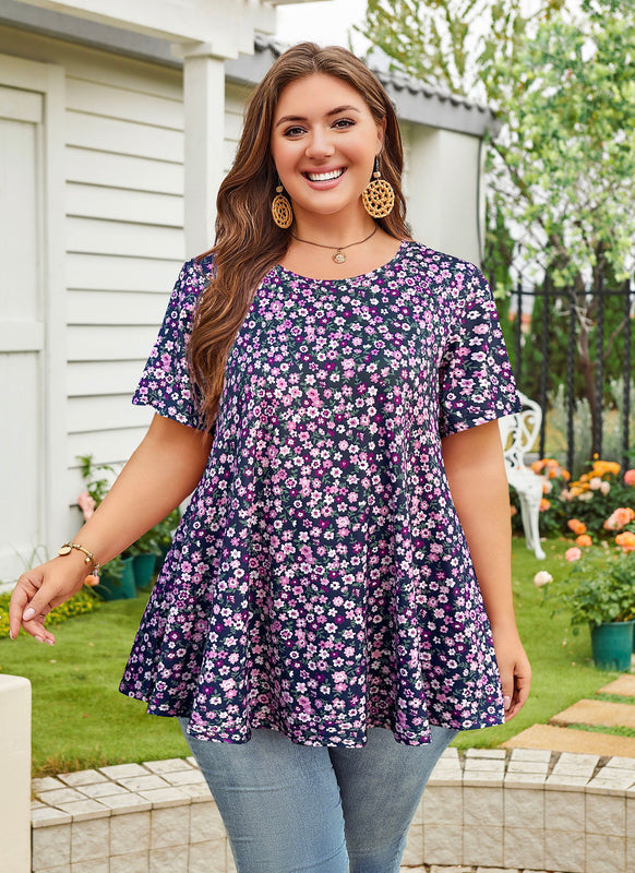 Women's Plus Size Navy Blue & Purple Tunic Top – Short Sleeve Swing Blouse