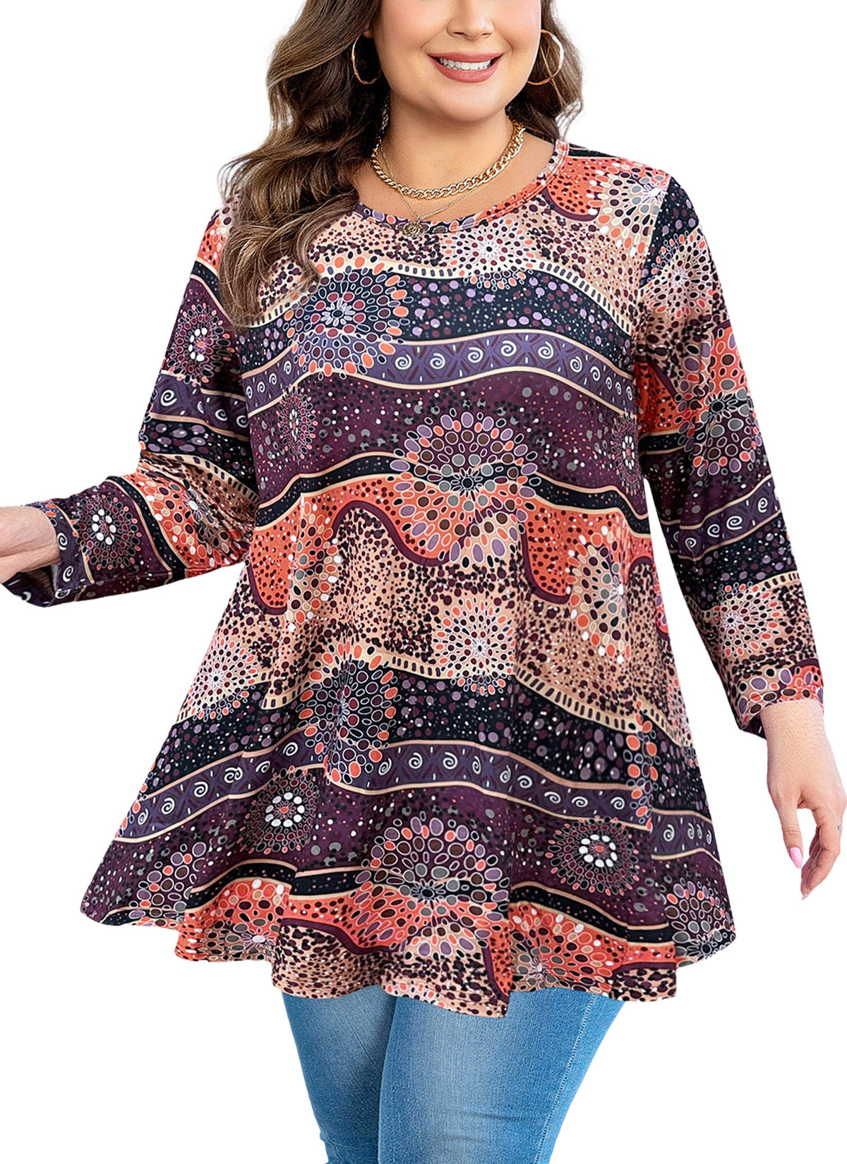Women's Plus Size Tunic Top | 3/4 Sleeve Brown Orange Flowy Swing Flare Blouse S-4XL