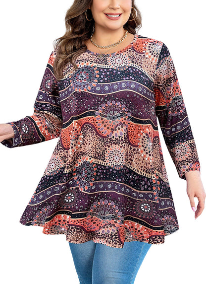 Women's Plus Size Tunic Top | 3/4 Sleeve Brown Orange Flowy Swing Flare Blouse S-4XL