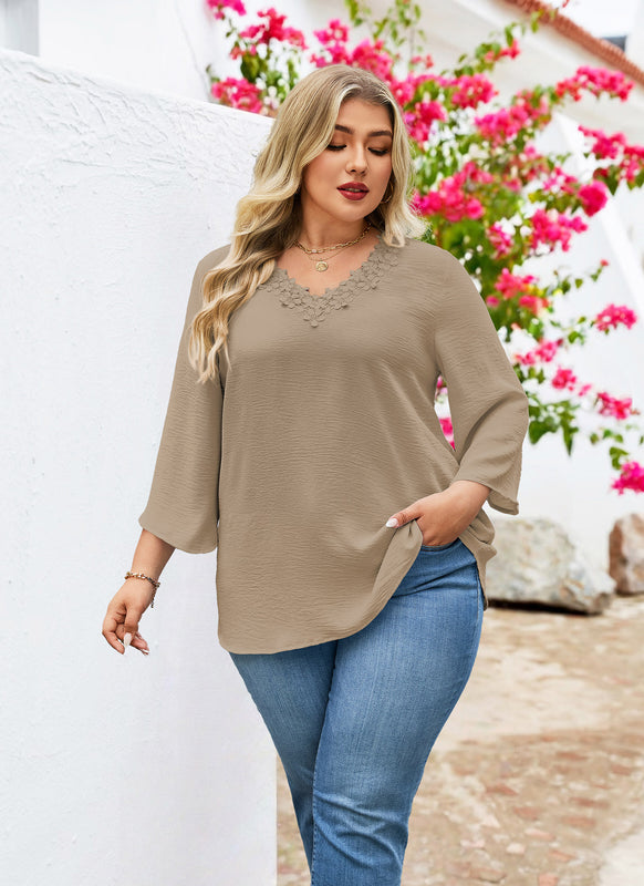 Women's Plus Size Khaki Floral Trim V-Neck Blouse | 3/4 Sleeve Tunic Top