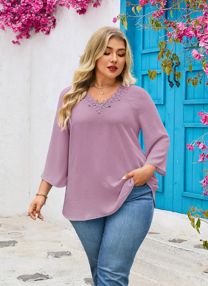 Women's Plus Size Purple Floral Trim V-Neck Blouse | 3/4 Sleeve Tunic Top