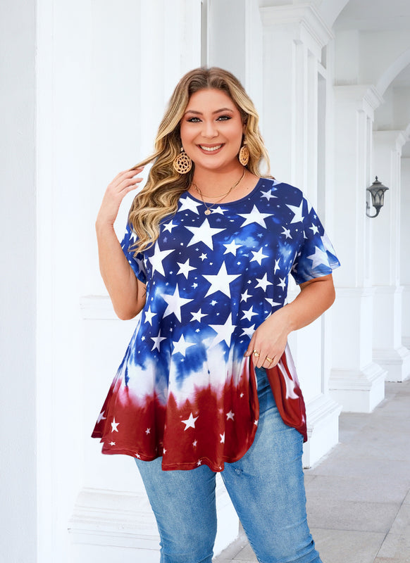 Women's Plus Size American Flag Tunic Top – Short Sleeve, Patriotic Swing Blouse to Wear with Leggings