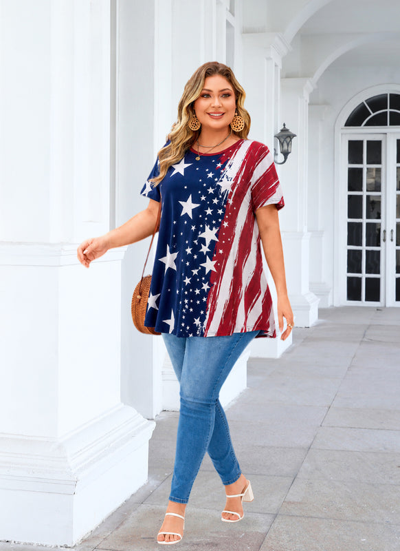 Women's Plus Size American Flag Tunic Top – Short Sleeve Patriotic Swing Blouse
