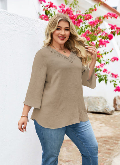 Women's Plus Size Khaki Floral Trim V-Neck Blouse | 3/4 Sleeve Tunic Top