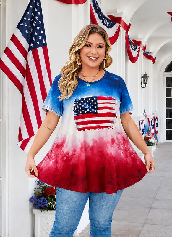 Women's Plus Size American Flag Tunic Top – Short Sleeve USA Patriotic Swing Blouse