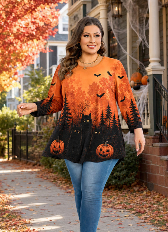 Women's Orange & Black Plus Size Swing Tunic Top – 3/4 Sleeve Flowy Blouse