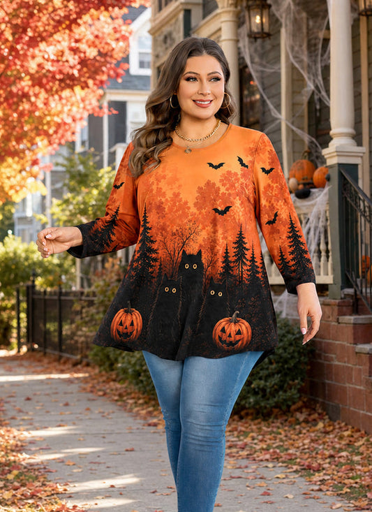 Women's Orange & Black Plus Size Swing Tunic Top – 3/4 Sleeve Flowy Blouse