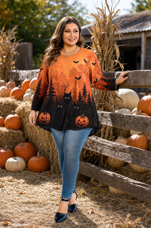Women's Orange & Black Plus Size Swing Tunic Top – 3/4 Sleeve Flowy Blouse