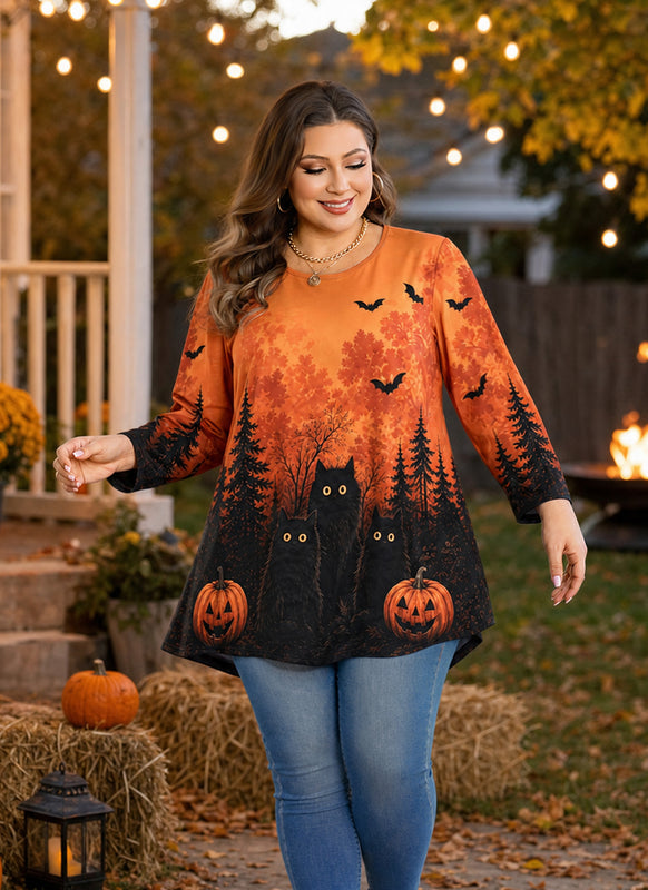 Women's Orange & Black Plus Size Swing Tunic Top – 3/4 Sleeve Flowy Blouse