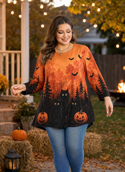 Women's Orange & Black Plus Size Swing Tunic Top – 3/4 Sleeve Flowy Blouse