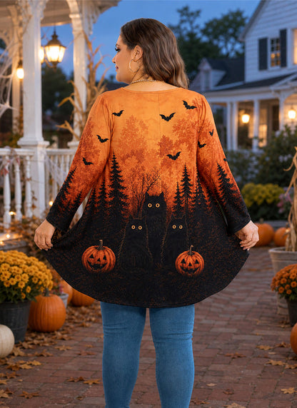 Women's Orange & Black Plus Size Swing Tunic Top – 3/4 Sleeve Flowy Blouse