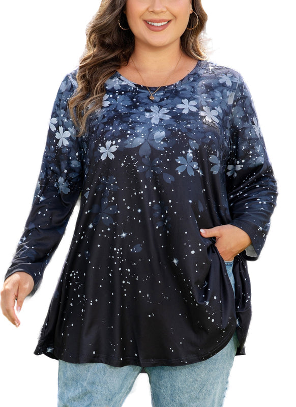 Women's Plus Size Grey & Black Floral Tunic Top – 3/4 Sleeve Swing Flare Blouse