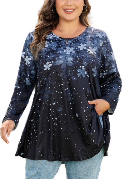 Women's Plus Size Grey & Black Floral Tunic Top – 3/4 Sleeve Swing Flare Blouse