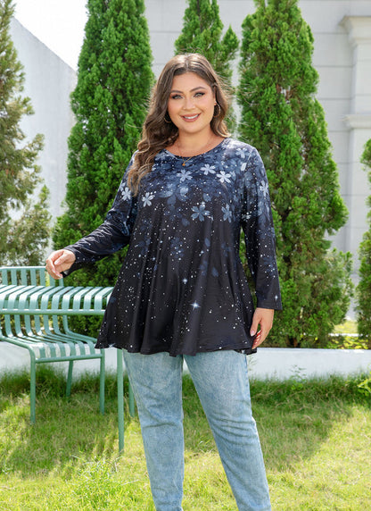 Women's Plus Size Grey & Black Floral Tunic Top – 3/4 Sleeve Swing Flare Blouse