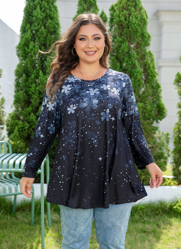 Women's Plus Size Grey & Black Floral Tunic Top – 3/4 Sleeve Swing Flare Blouse