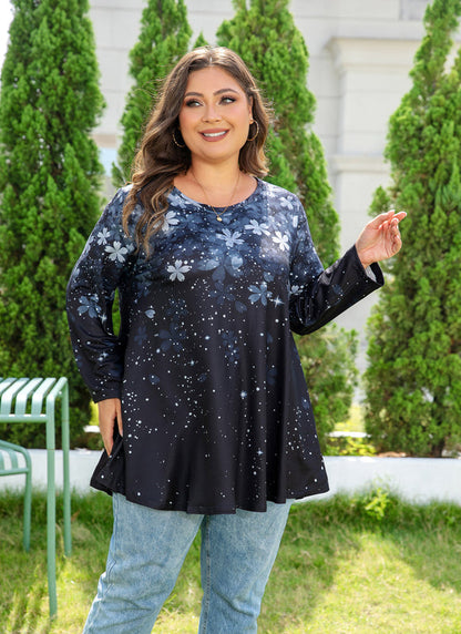 Women's Plus Size Grey & Black Floral Tunic Top – 3/4 Sleeve Swing Flare Blouse