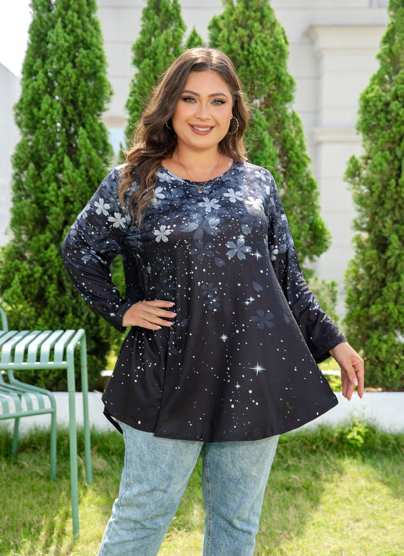 Women's Plus Size Grey & Black Floral Tunic Top – 3/4 Sleeve Swing Flare Blouse