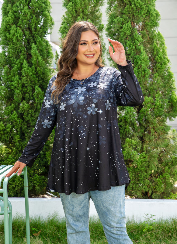 Women's Plus Size Grey & Black Floral Tunic Top – 3/4 Sleeve Swing Flare Blouse