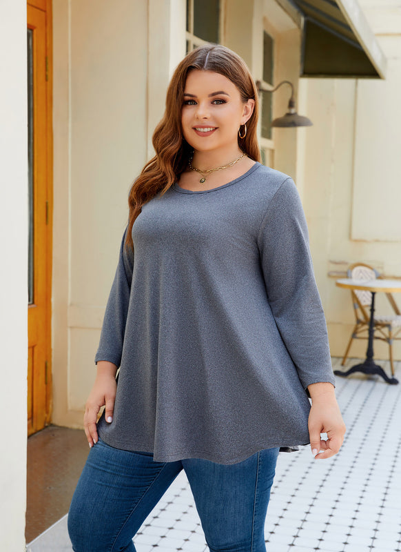 Women's Plus Size Dark Grey Tunic Top – 3/4 Sleeve Swing Flare Blouse for Leggings (L–6XL)