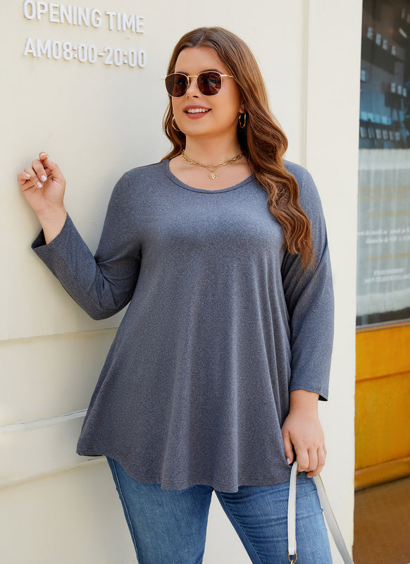 Women's Plus Size Dark Grey Tunic Top – 3/4 Sleeve Swing Flare Blouse for Leggings (L–6XL)