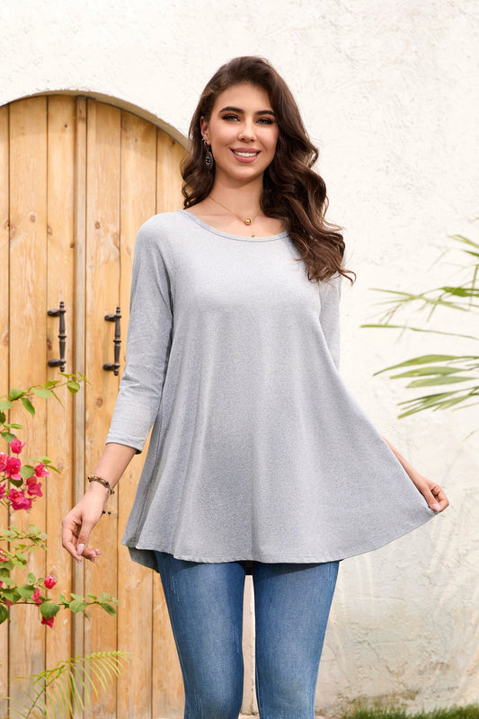 Women's Plus Size Grey Swing Flare Tunic Top | 3/4 Sleeve