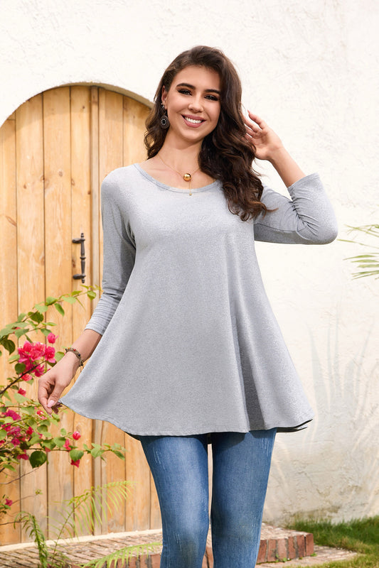 Women's Plus Size Grey Swing Flare Tunic Top | 3/4 Sleeve
