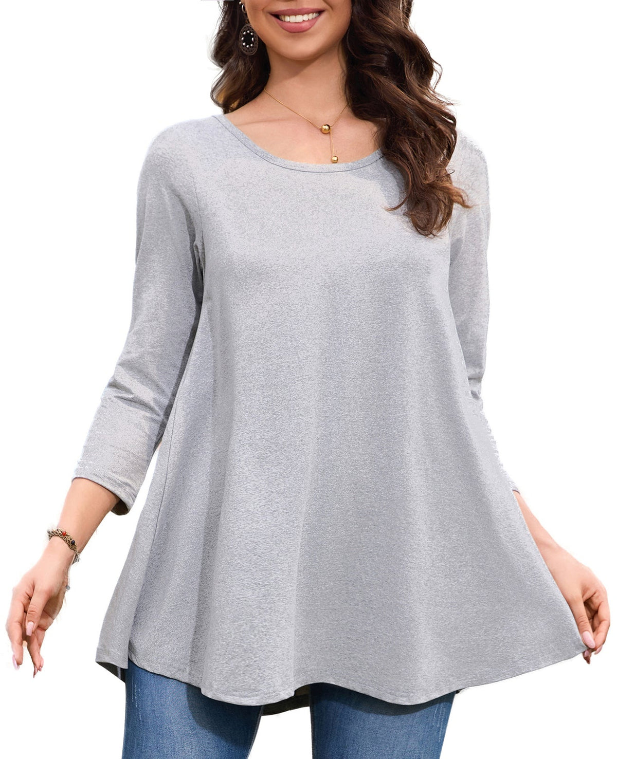 Women's Plus Size Grey Swing Flare Tunic Top | 3/4 Sleeve