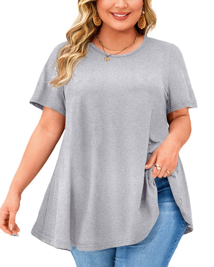 Light Grey Short Sleeve Swing Tunic Top – Women's Plus Size Crew Neck Flowy Blouse to Wear with Leggings (S–7XL)