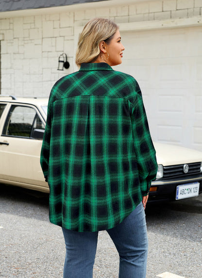Women's Plus Size Green Plaid Flannel Shirt | Long Sleeve Button Down