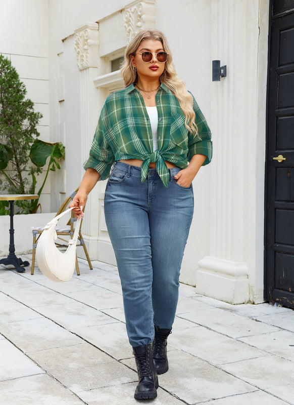 Women's Plus Size Sage Green Plaid Flannel Shirt | Long Sleeve Button Down